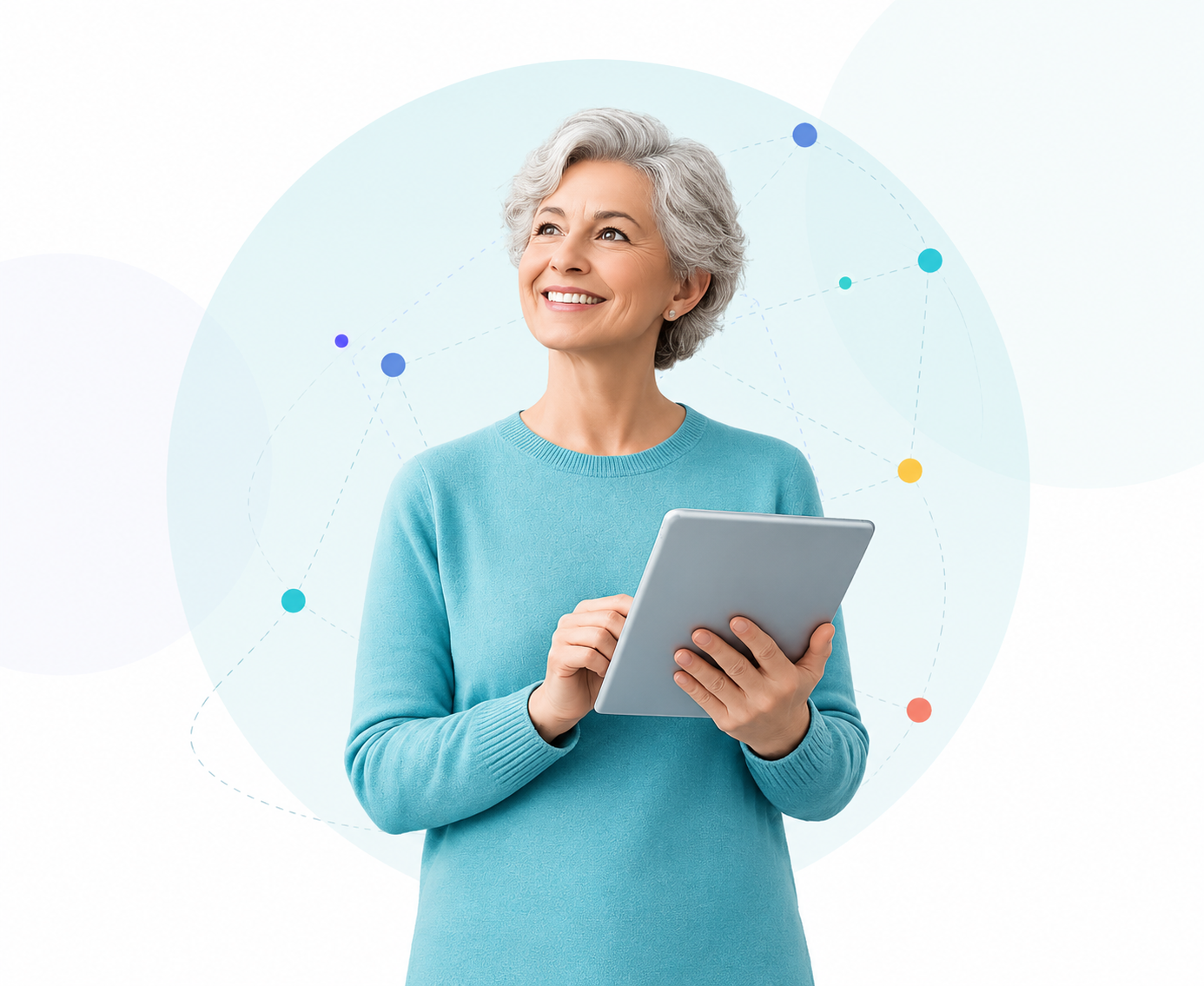 Mujer utilizando una tablet para realizar actividades cognitivas